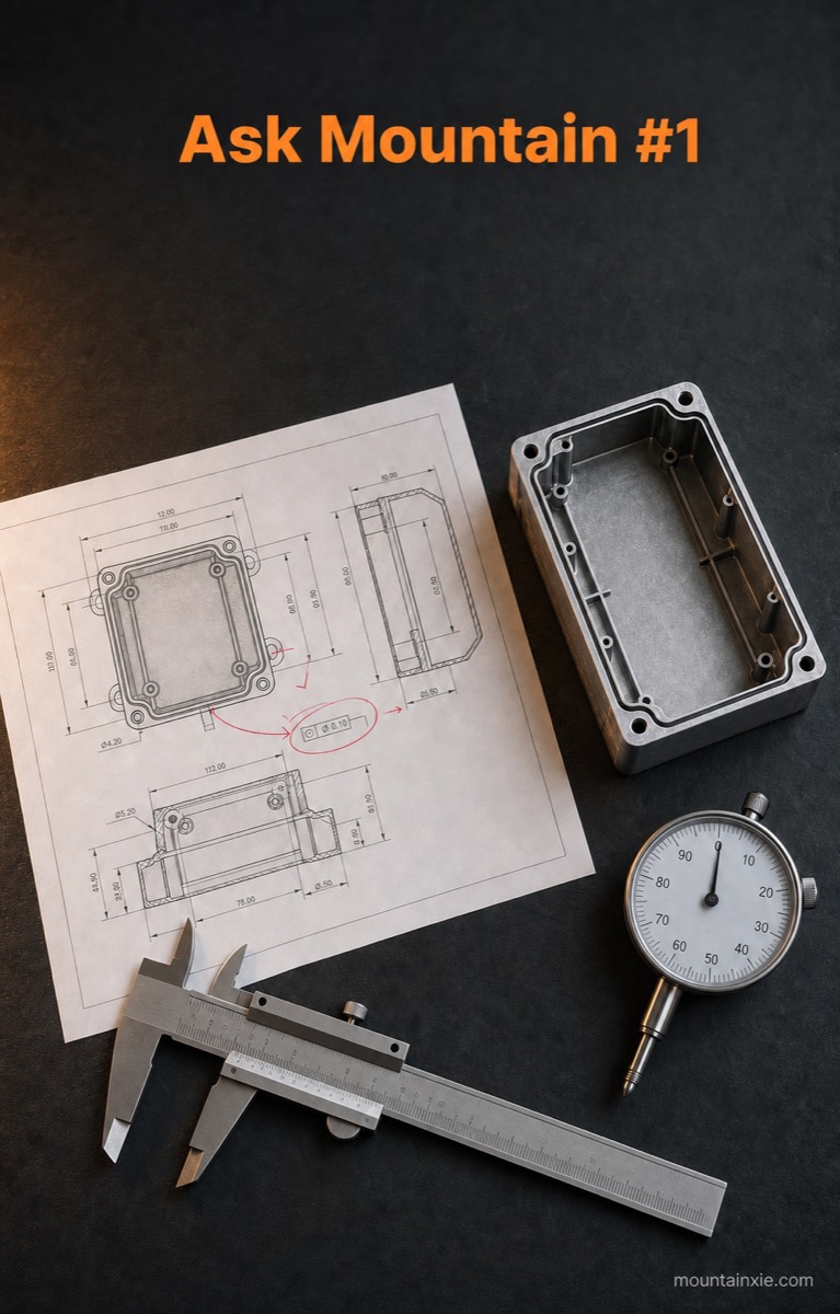 Ask Mountain #1 — engineering drawing with a circled flatness tolerance, a die-cast aluminum enclosure, calipers and a dial indicator