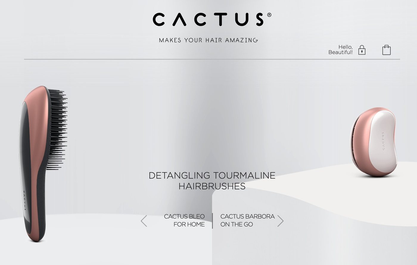The CactusBrush product page showing tourmaline hairbrushes