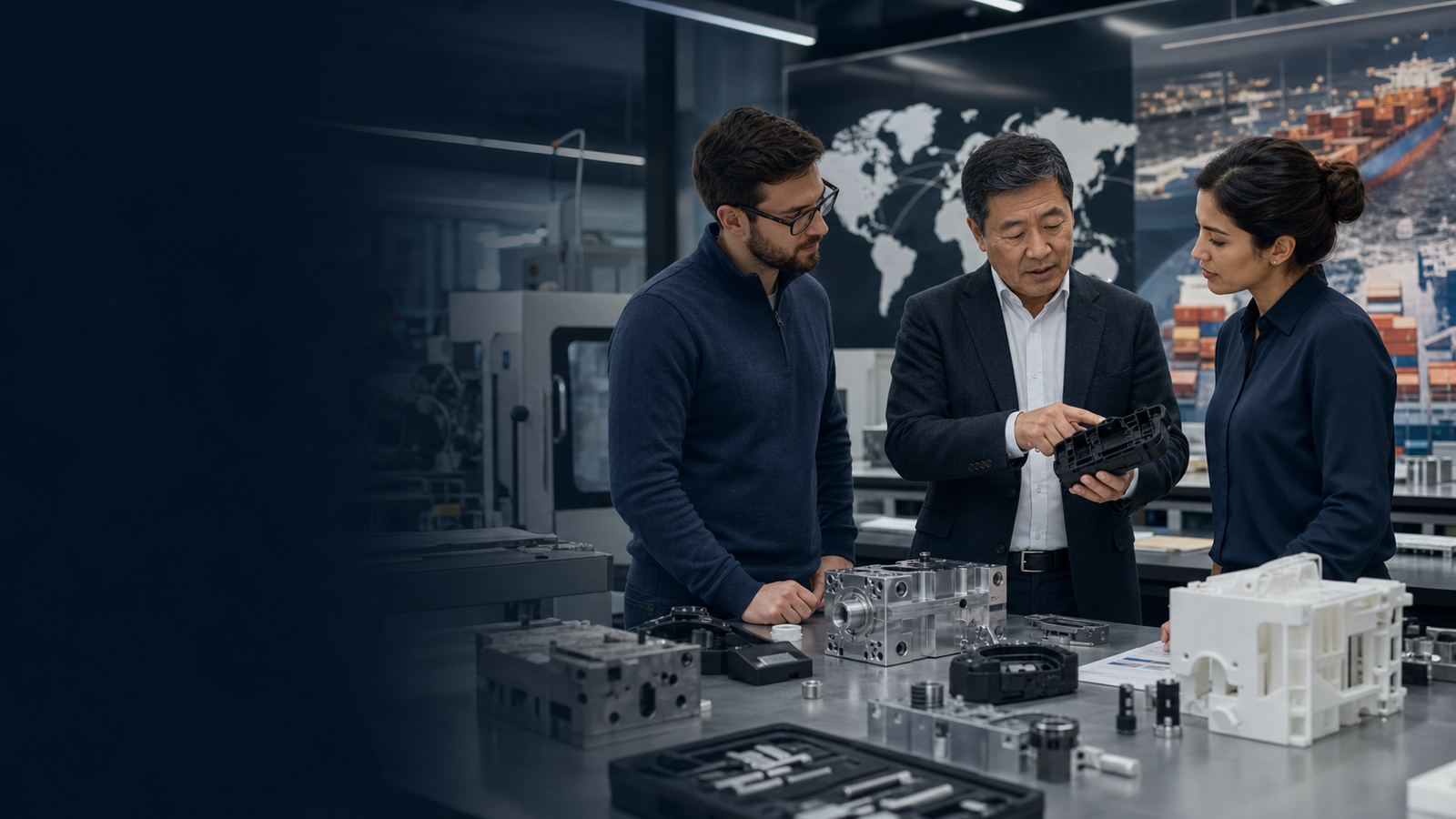 Hardware founders reviewing prototype parts with an experienced manufacturing advisor